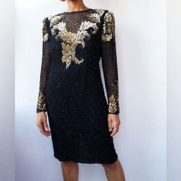 Vintage Jaqueline Ferrar 12 Sequin Beaded Sheath Dress Black Gold Party Cocktail - Picture 2 of 14